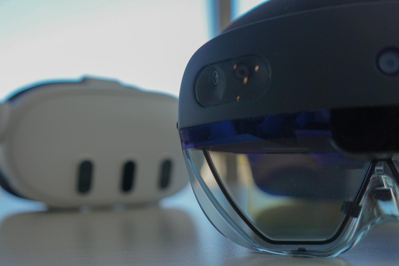 Augmented reality headsets and gear arranged in the lab.